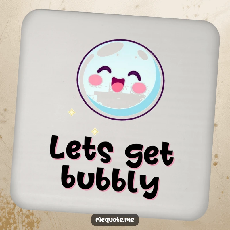 Funny coasters featuring a bubbly bubble icon character floating with joyful glee, protecting surfaces with charm. A humorous home accessory gift.