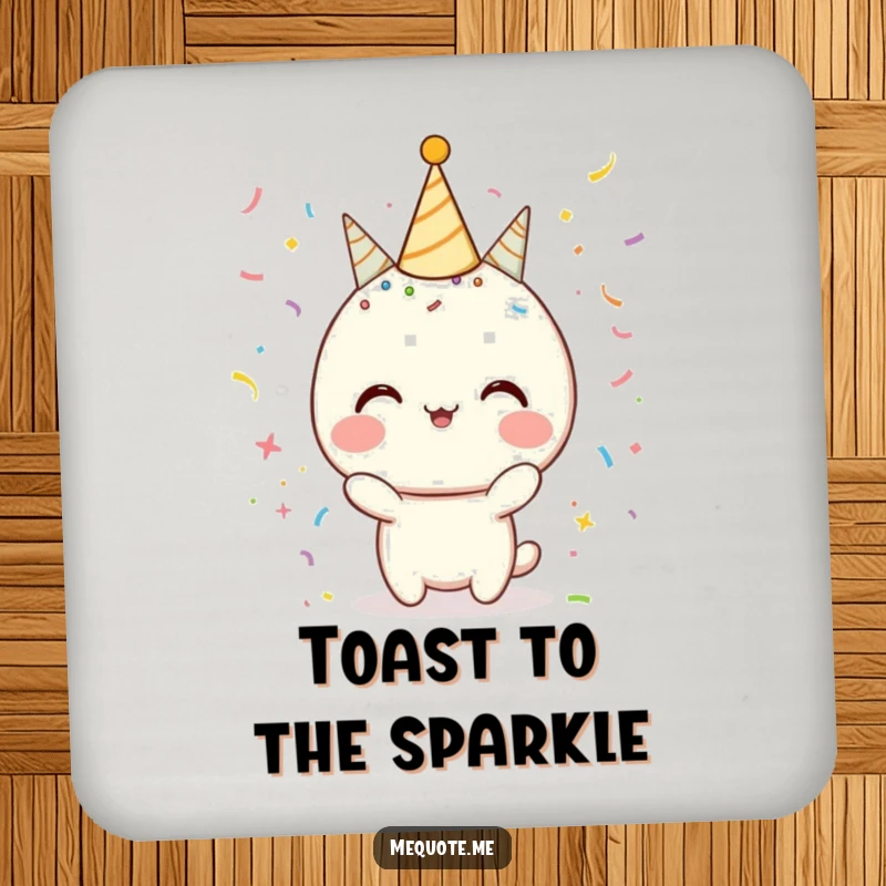 Funny Drink Coaster featuring a character adorned with confetti and sparkles, perfect for festive drink settings.