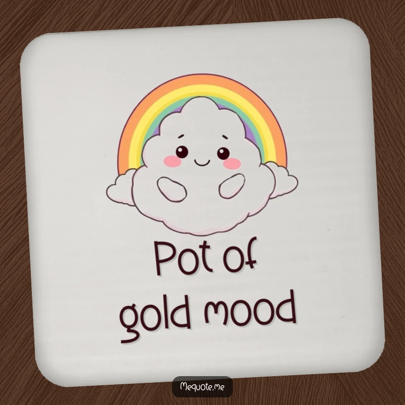 Funny drink coasters: A smiling cloud character hugging a vibrant rainbow, protecting surfaces with cheer.
