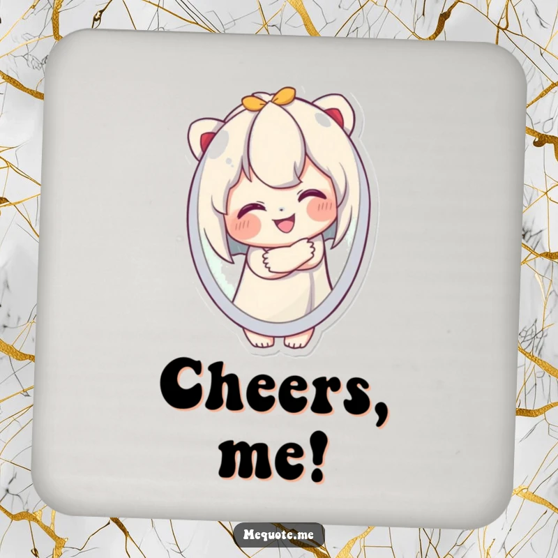 Funny Drink Coaster showing a cute character happily embracing its own reflection, protecting surfaces with humor.