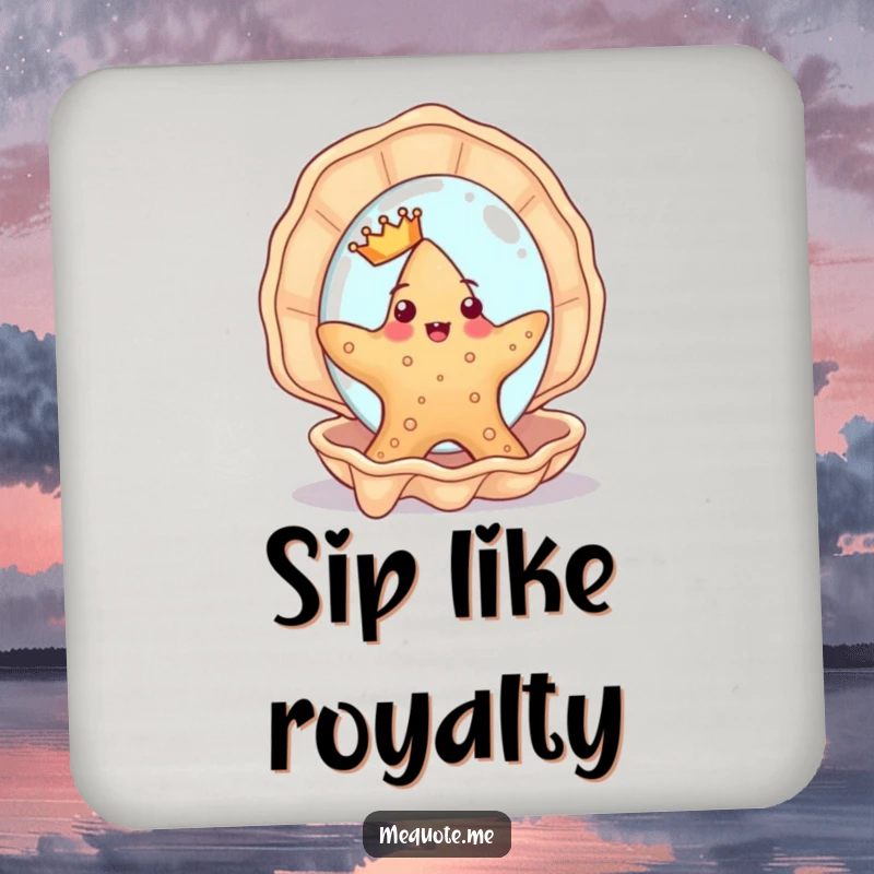 Funny Starfish Drink Coaster: A cute starfish wearing a tiny crown admires itself in a seashell mirror, humorously protecting tables.