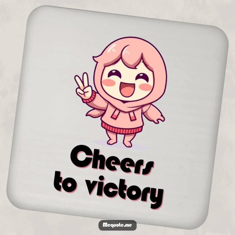 Funny Drink Coaster showing a delighted character doing a victory dance and flashing a peace sign, perfect for any table.