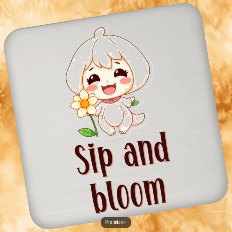 Funny drink coasters showcasing a character's bright smile offered to a beautiful blooming flower, adding a touch of nature.