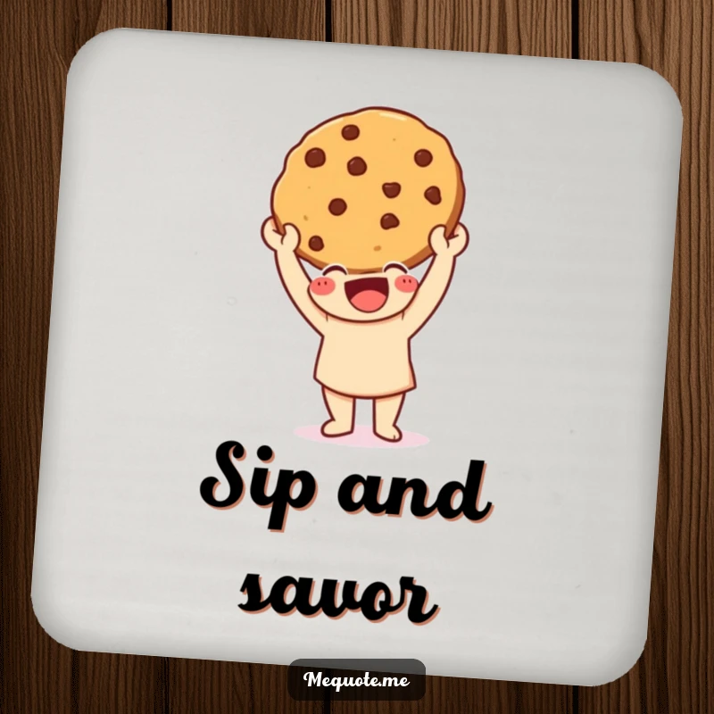 Funny Drink Coaster showing a happy character triumphantly holding up a freshly baked cookie, perfect for any table.