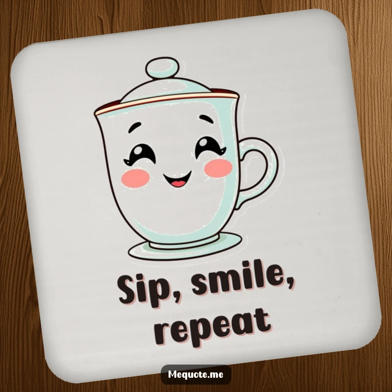 Funny coasters featuring a contented teacup character with a happy, steamy grin, protecting surfaces with charm. A humorous home gift.