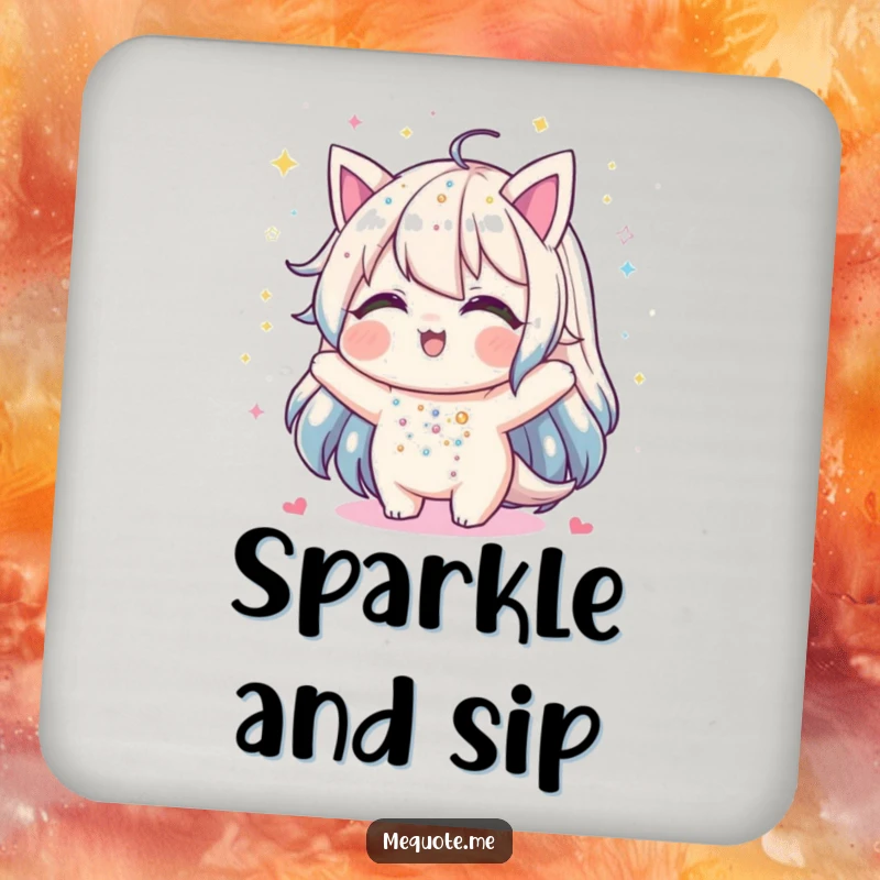 Funny drink coaster showcasing a character joyfully showering itself with glitter, adding a festive touch to any beverage.