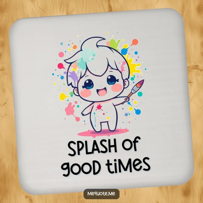 Funny coasters featuring a delighted paintbrush character splattering colorful paint, protecting surfaces with flair. A humorous home accessory gift.