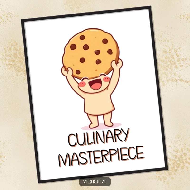 Funny Poster print of a happy character triumphantly holding a freshly baked cookie, adding a cheerful touch to any room.