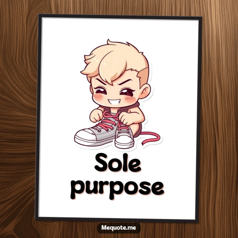 Funny poster print of a determined character diligently tying shoelaces with a focused expression and a cheerful grin.