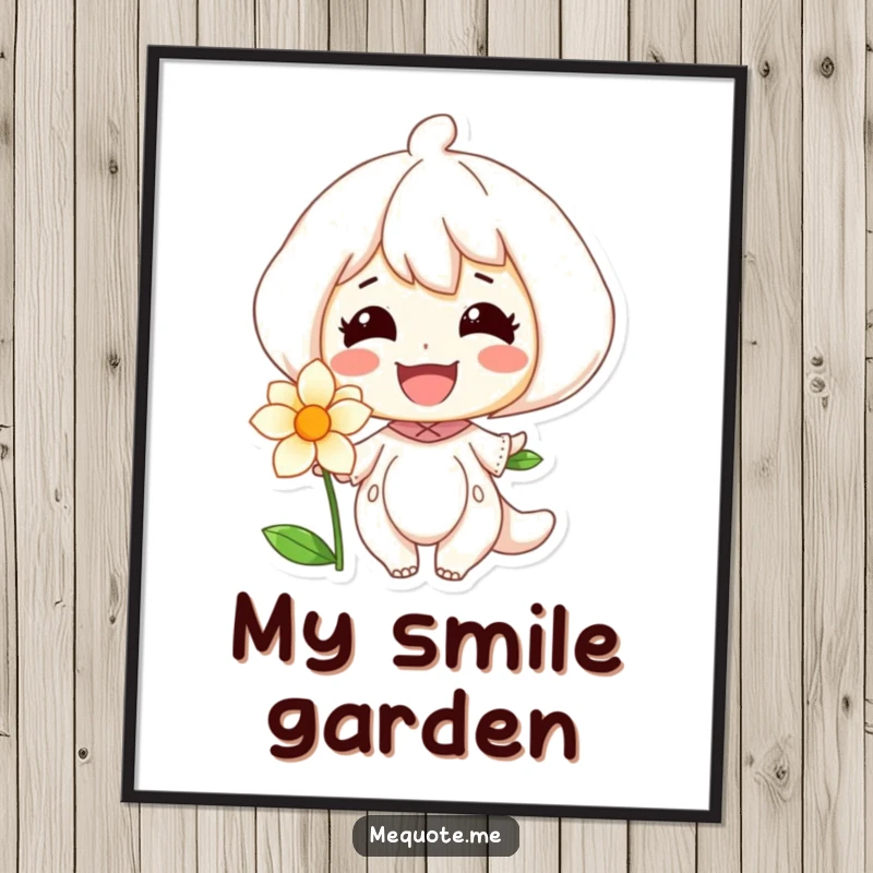 Funny poster art of a character with a brilliant smile gently interacting with a vibrant, fully bloomed flower, radiating happiness.