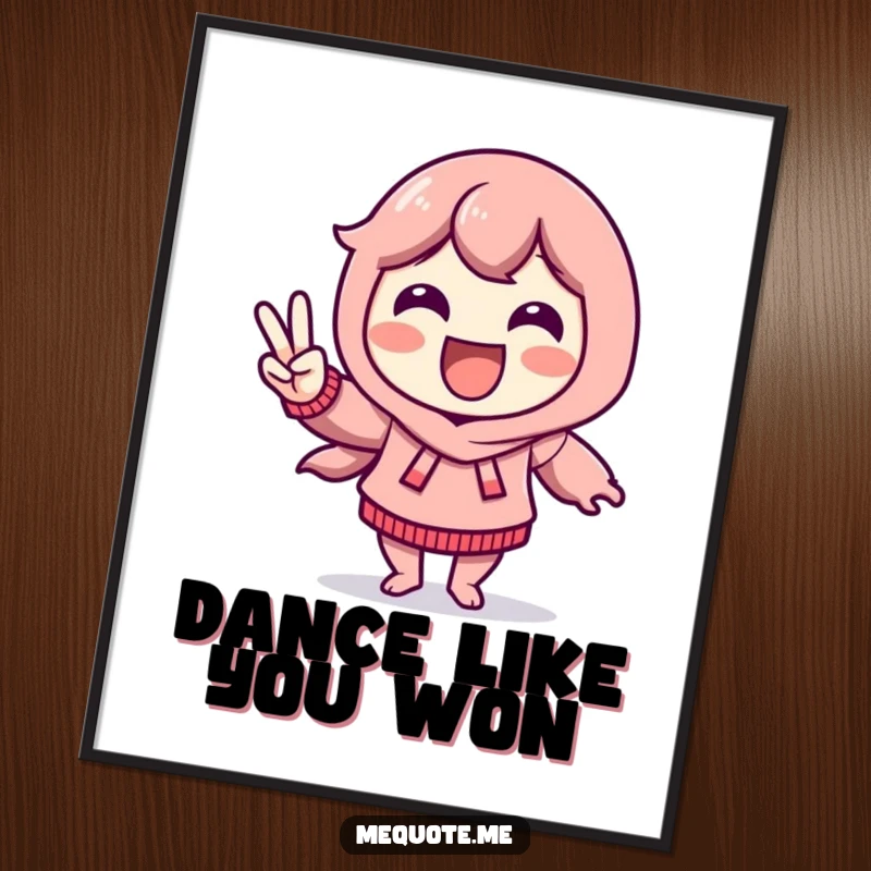 Funny Poster print of a delighted character doing a victory dance and flashing a peace sign, adding joy to decor.