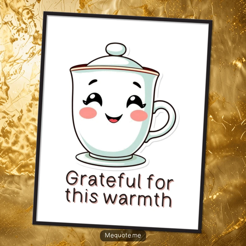 Funny poster print of a contented teacup character with a vibrant, steamy grin, radiating happiness. Ideal humorous wall art gift.