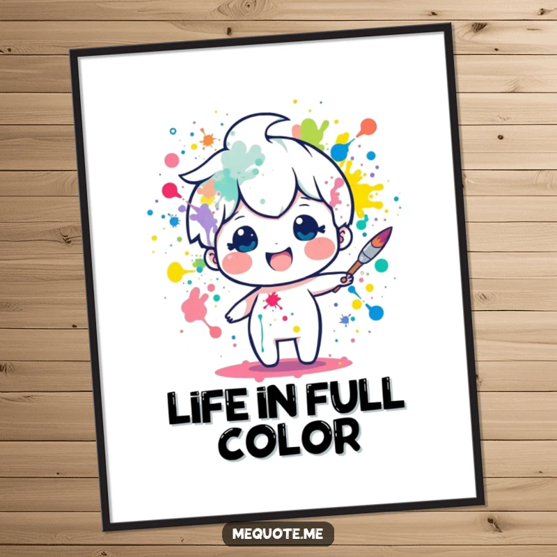 Funny poster print of a delighted paintbrush character gleefully splattering a burst of colorful paint. Ideal humorous wall art gift.