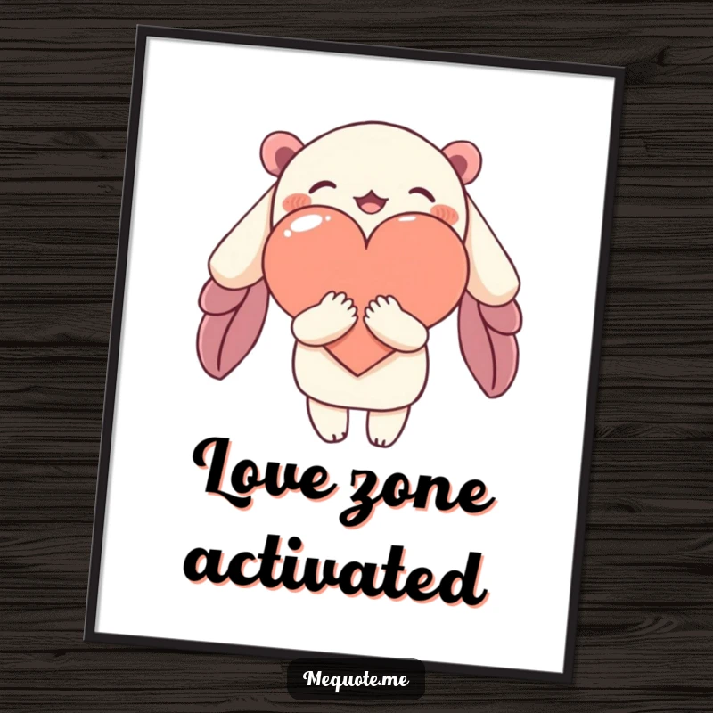 Funny poster art depicting a character giving a heartfelt embrace to an abstract heart shape, symbolizing love and connection.