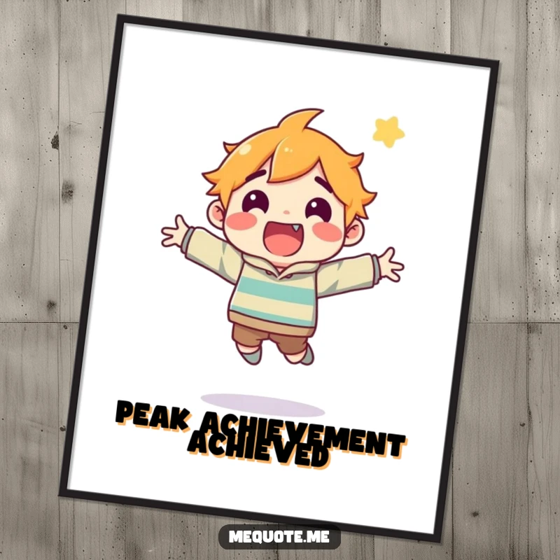 Funny poster illustrating an ecstatic character performing a celebratory jump, conveying infectious excitement and the thrill of accomplishment.