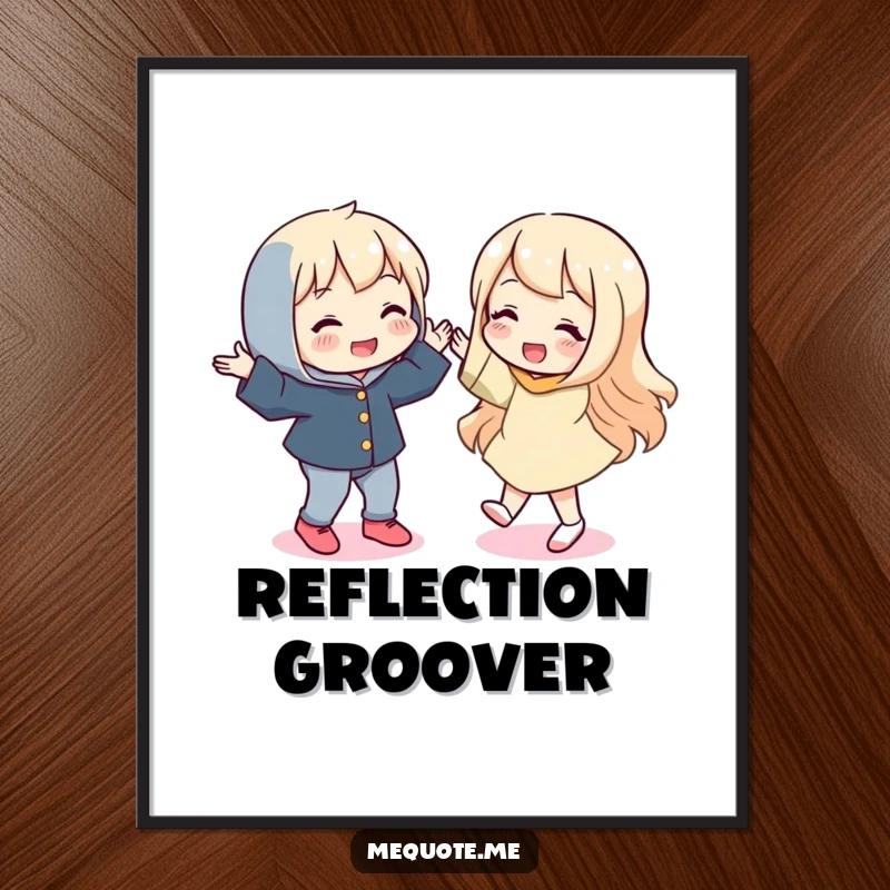 Funny poster illustrating a playful character mid-silly dance, with its mirror reflection perfectly mirroring the entertaining moves.