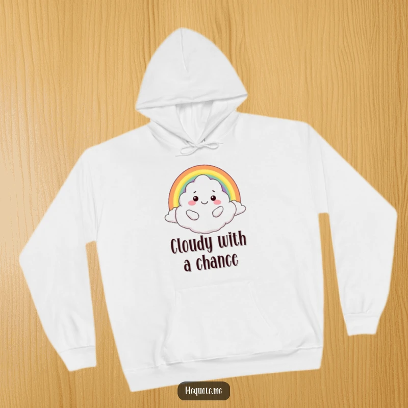 Funny hoodie: A smiling cloud character giving a cheerful hug to a stunning rainbow, perfect for cozy fun.