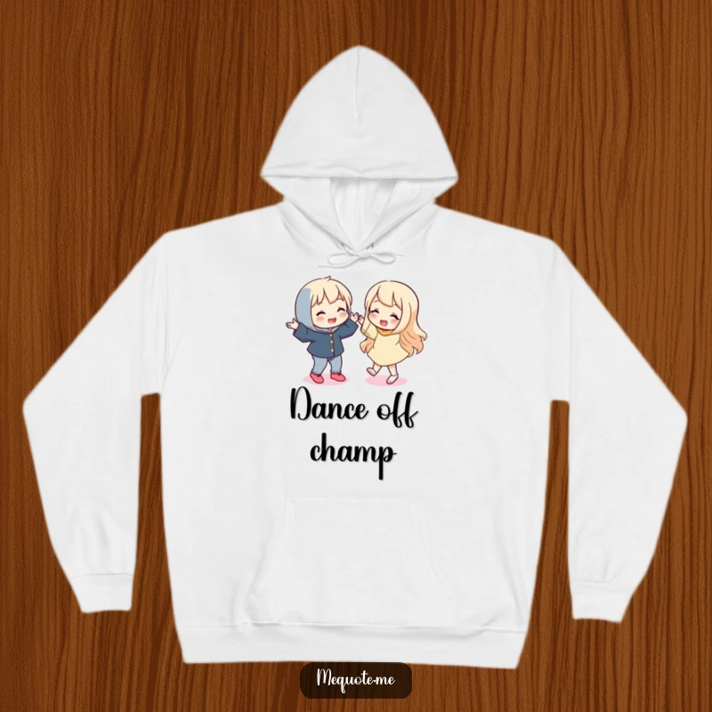 Funny hoodie showcasing a playful character doing a silly dance, with its mirror reflection mirroring the fun choreography.