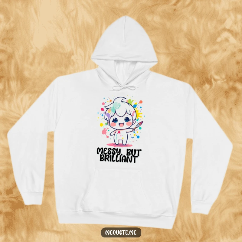 Funny hoodie depicting a delighted paintbrush character energetically splattering various colors. A comfortable, humorous gift for artists.