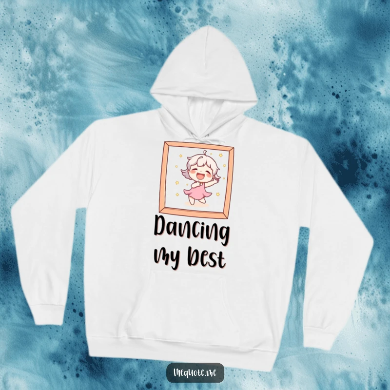 Funny Hoodie featuring a character laughing heartily while engaged in a playful dance, reflected in a mirror.