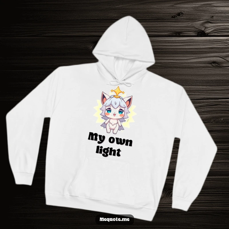 Funny Hoodie with a character proudly admiring its own bright, glowing aura, offering comfort and a sense of inner strength.