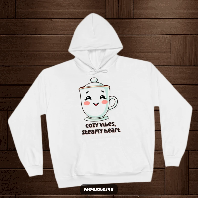 Funny hoodie depicting a snuggly teacup character with a cheerful, steamy grin, designed for warmth and laughter. A great funny gift.