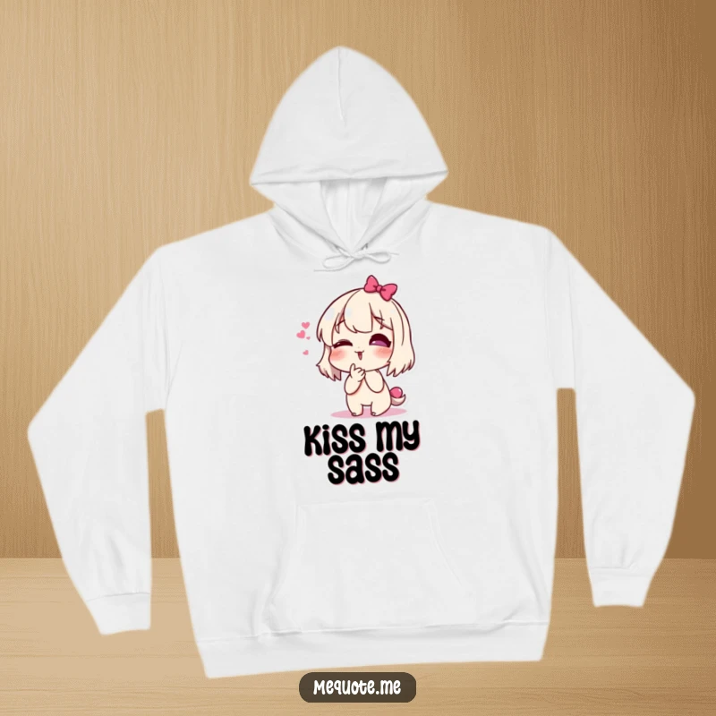Funny hoodie showcasing a lovable, giggling character blowing a cheerful kiss, radiating happiness and playful energy.