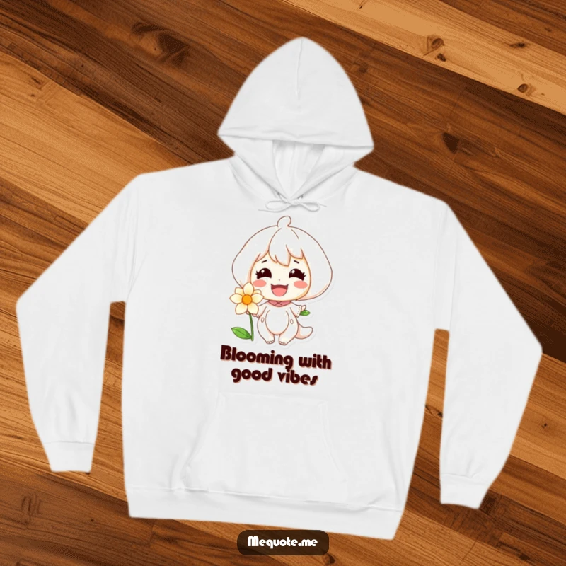 Funny hoodie illustrating a character's infectious, beaming smile directed towards a colorful, flourishing flower, evoking warmth.