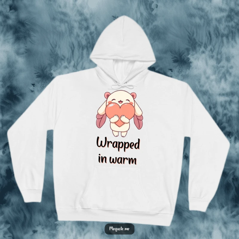 Funny hoodie showing a character providing a tender embrace to an abstract heart, symbolizing comfort, love, and connection.