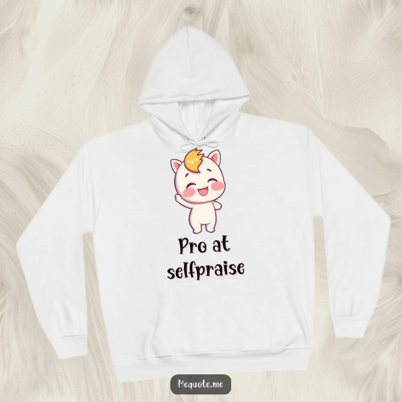 Funny Hoodie depicting a character giving itself a joyful pat on the back, symbolizing self-worth and accomplishment.