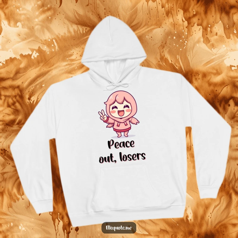 Funny Hoodie showing a delighted character doing a victory dance and flashing a peace sign, perfect for cozy celebrations.