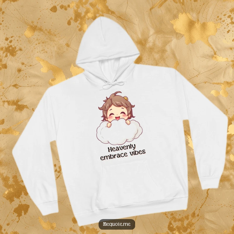 Funny Hoodie: A smiling character embracing a large, soft cloud, radiating pure joy and a sense of peaceful bliss.