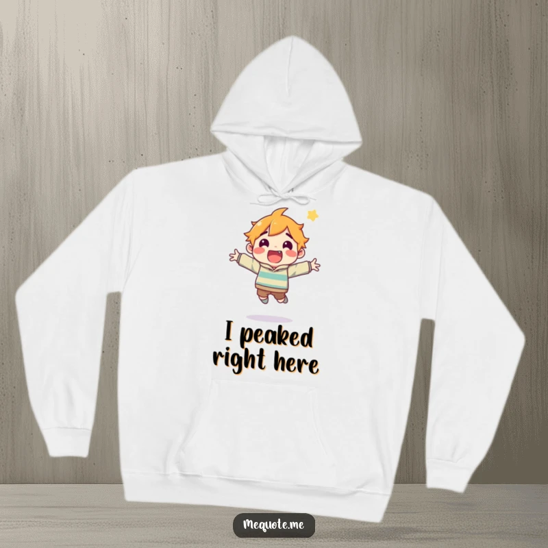 Funny hoodie showing an ecstatic character mid-leap, embodying the thrill of achieving a small but significant goal.
