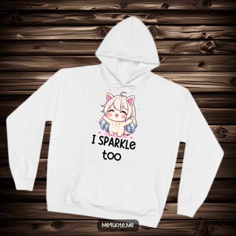 Funny hoodie showcasing a happy character delightedly covered in shimmering glitter, exuding a sense of playful joy.