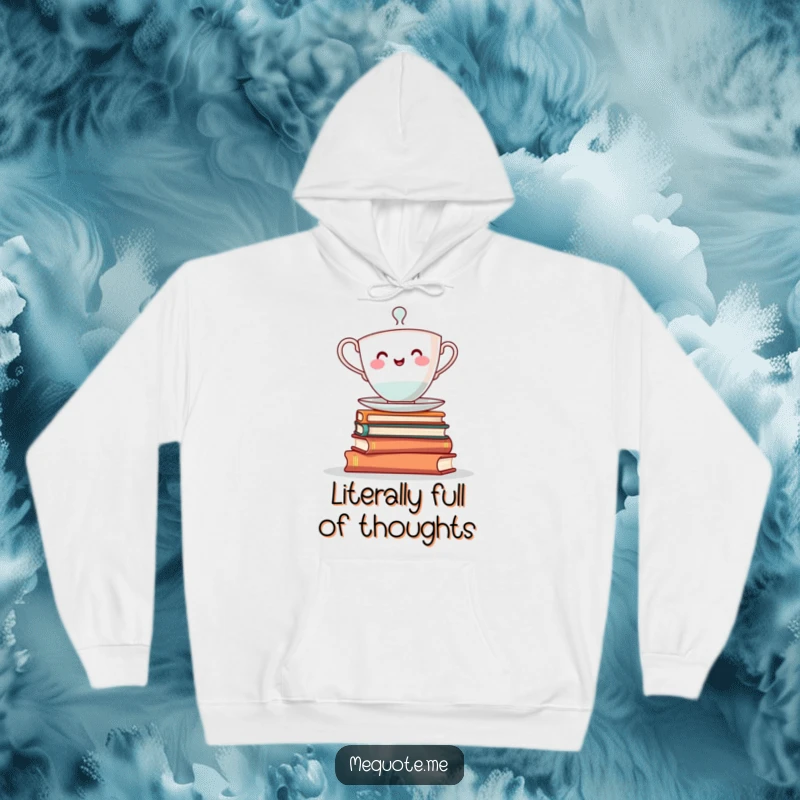 Funny hoodie: A cheerful teacup character striving to maintain balance on a tower of knowledge-filled books.