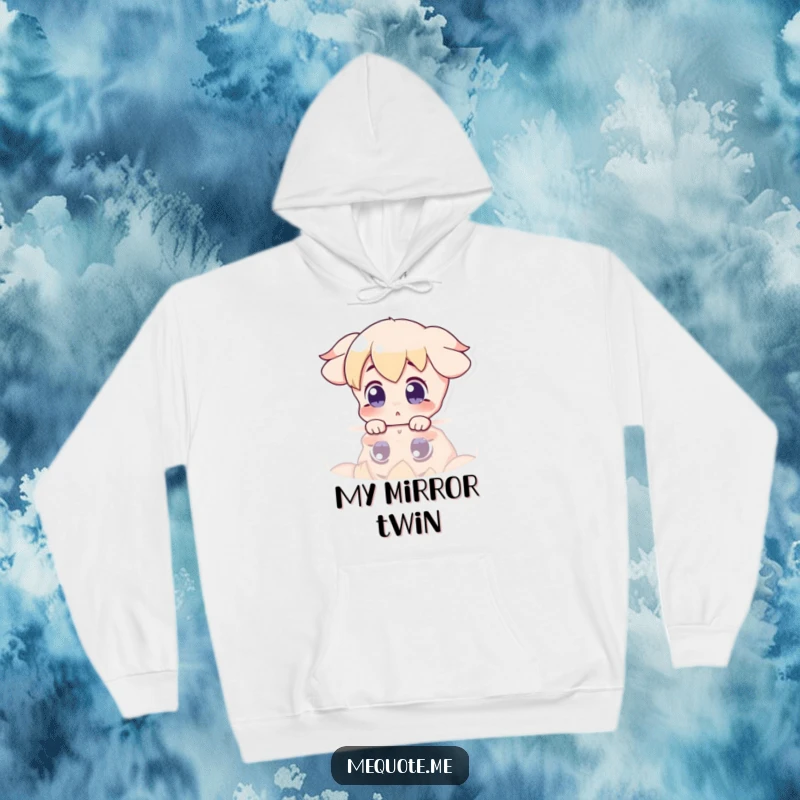 Funny Hoodie showing a surprised character gazing at its reflection in a shiny surface, offering warmth and humor.