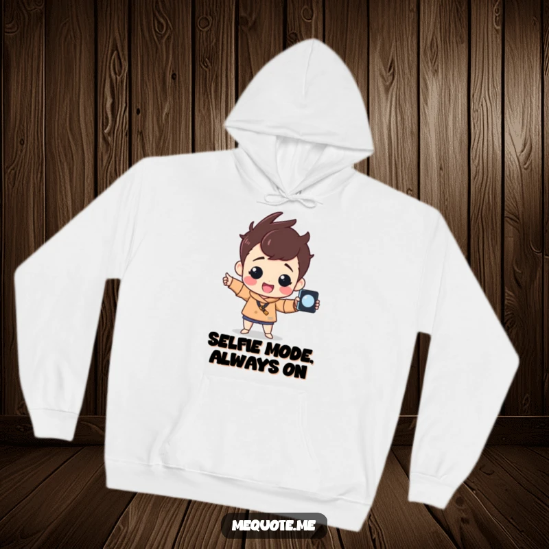 Funny Hoodie featuring a cheerful character striking a proud pose with a selfie stick, perfect for capturing moments and staying warm.