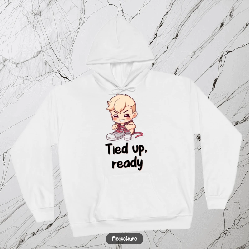 Funny hoodie showcasing a determined character diligently tying shoelaces with a focused expression and a happy grin.