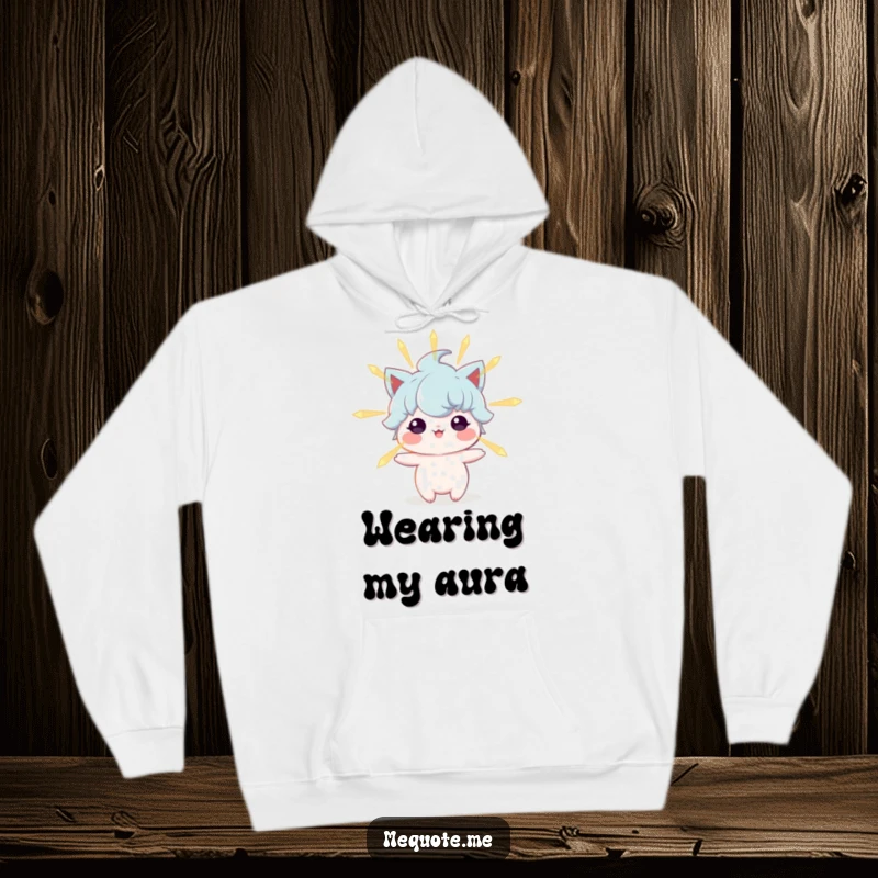 Funny hoodie showing a character enveloped in a gentle, luminous glow, representing the emanation of positive energy and inner peace.