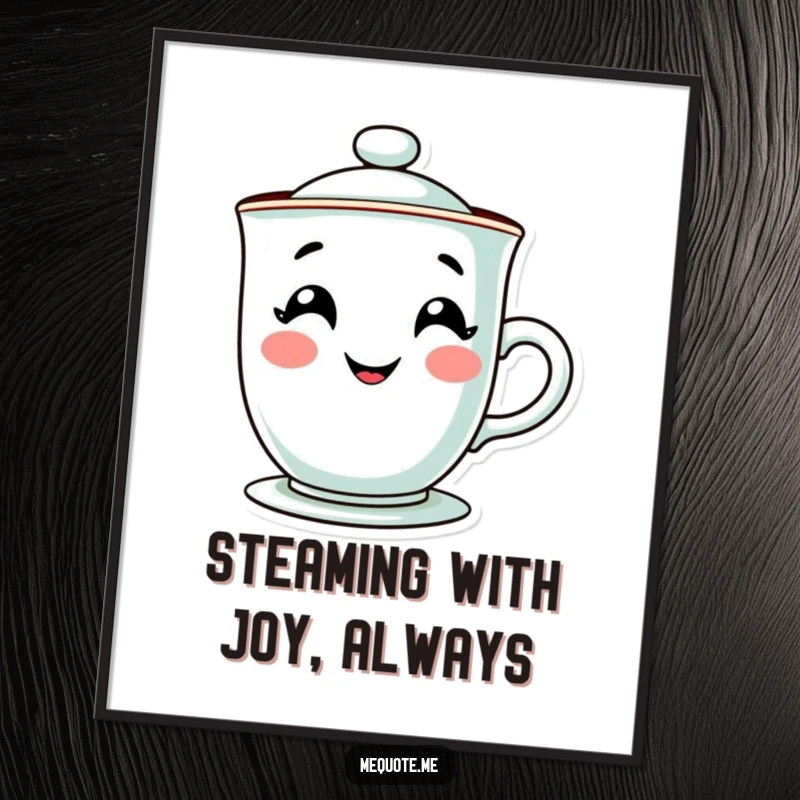 Funny Free Printable Wall Art of a contented teacup character with an infectious, steamy grin, bringing warmth and humor to any room.