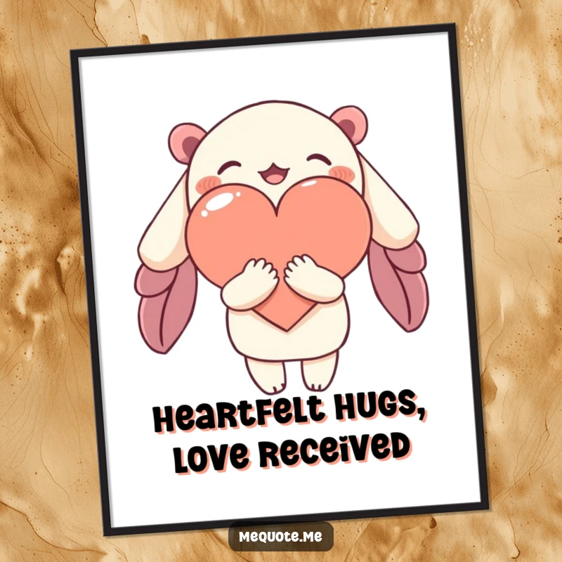 Funny Free Printable wall art showing a charming character giving a warm, loving embrace to an abstract heart shape.