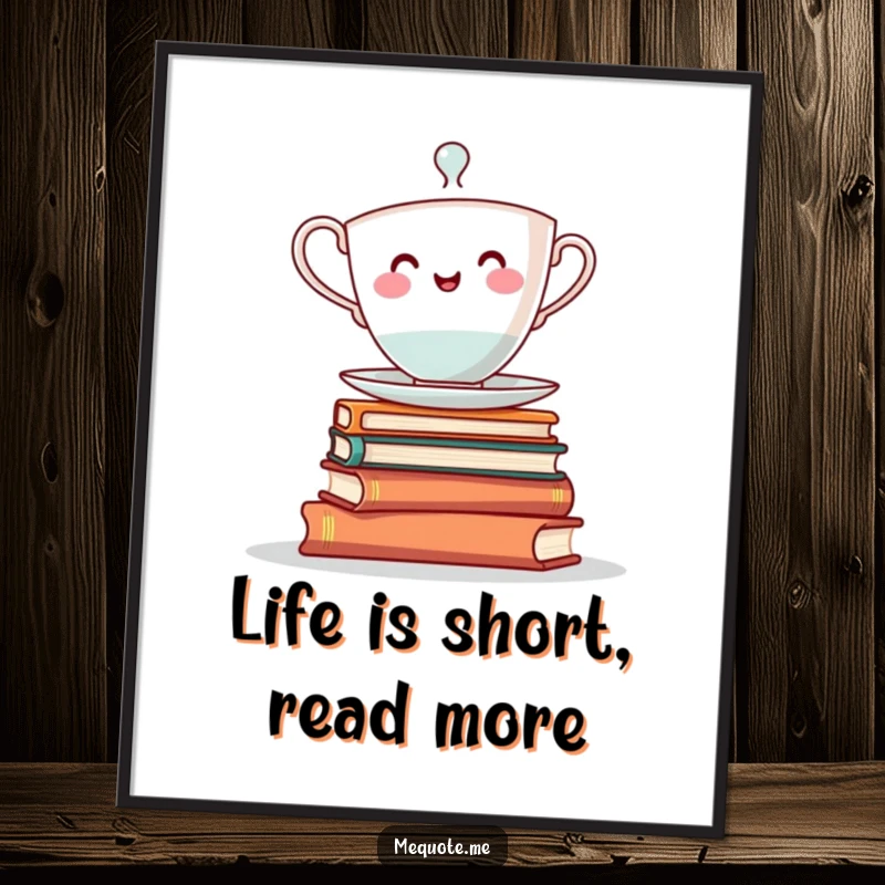 Funny Free Printable Wall Art: A cheerful teacup character attempting a daring balance on a stack of books.