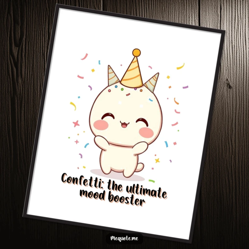 Funny Free Printable wall art of a character exuding celebration with confetti and sparkles, ideal for a festive atmosphere.