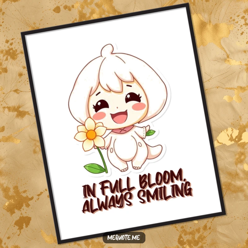 Funny Free Printable wall art depicting a joyful character sharing a radiant smile with a beautifully blooming flower.