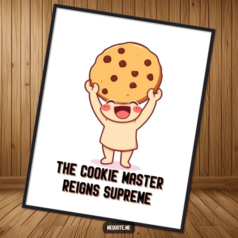 Funny Free Printable Wall Art: Happy character triumphantly holding a freshly baked cookie, celebrating a delicious accomplishment with joy.