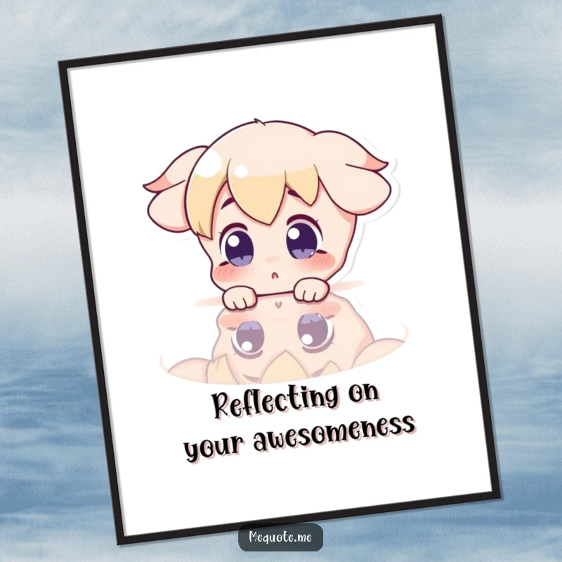 Funny Free Printable Wall Art: Surprised character comically gazing at its reflection in a shiny surface, showcasing delightful shock.