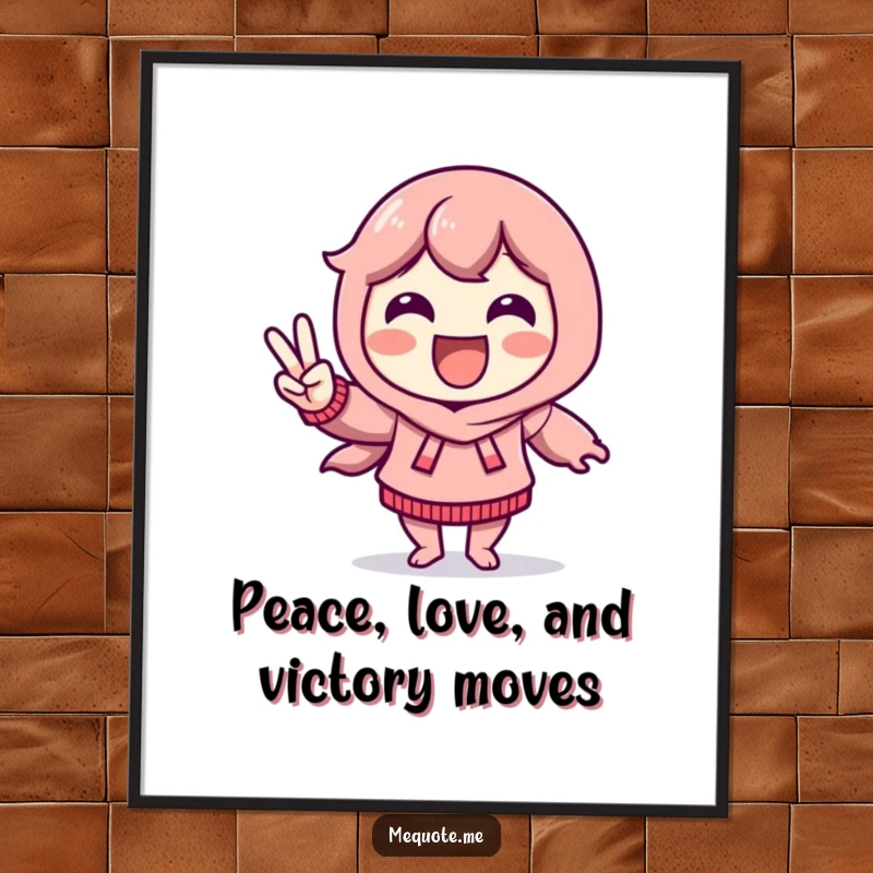 Funny Free Printable Wall Art: Delighted character doing an energetic victory dance, showing a peace sign with pure joy.