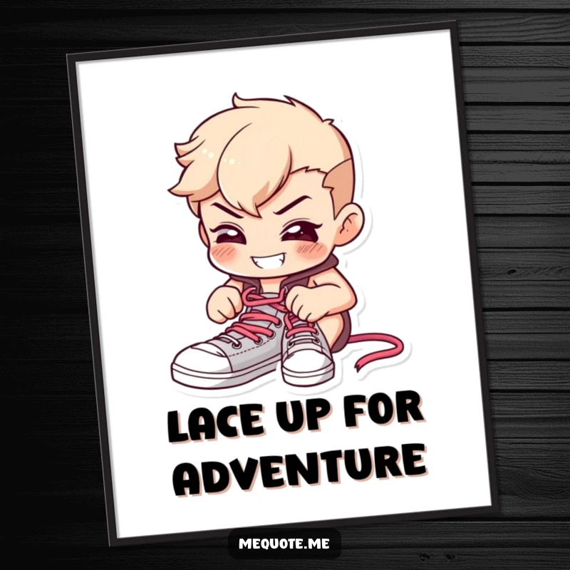 Funny Free Printable Wall Art of a determined character focused on tying shoelaces with a grin, symbolizing readiness.