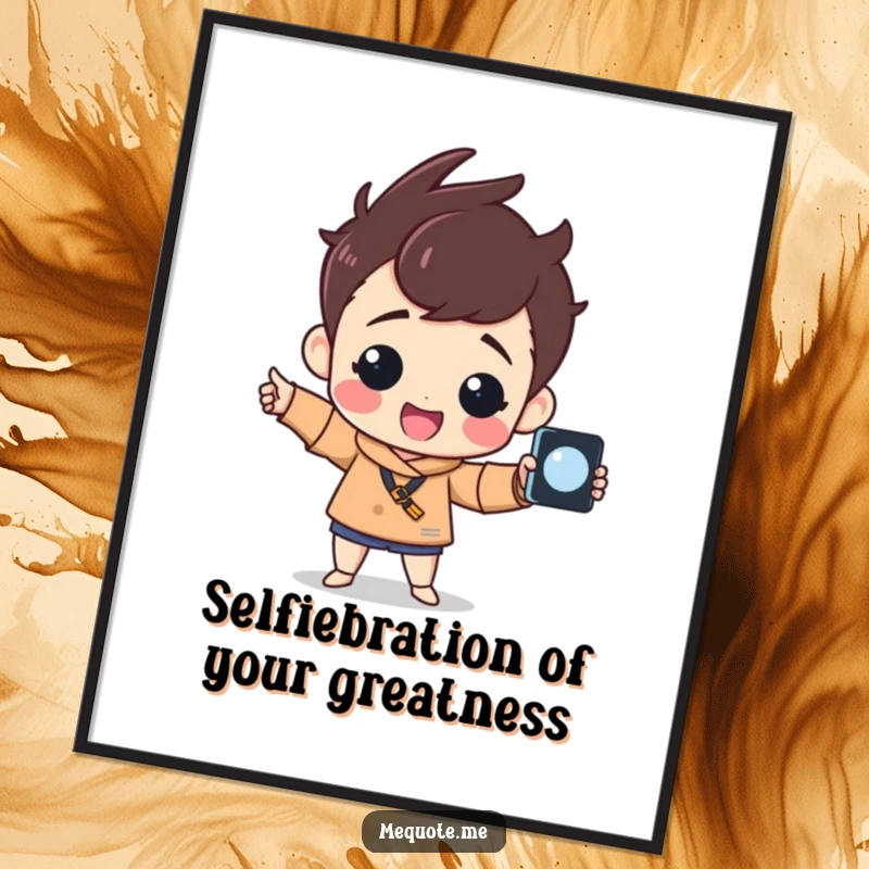 Funny Free Printable Wall Art: Cheerful character confidently posing for a selfie with a selfie stick, radiating pride.