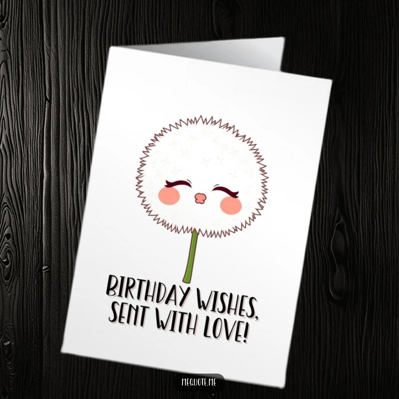 Free printable dandelion birthday card, a cute puff character blowing sweet, gentle kisses.